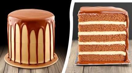 Chocolate Drip Cake and Cross Section Rich Brown Layers, Creamy Filling, Studio Shot