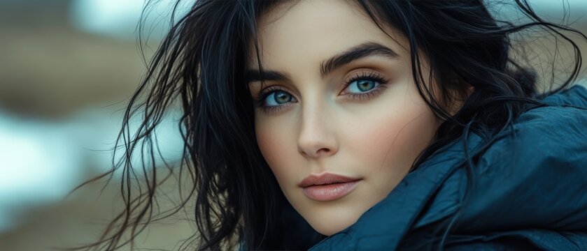 A woman with long dark hair and blue eyes is wearing a black jacket