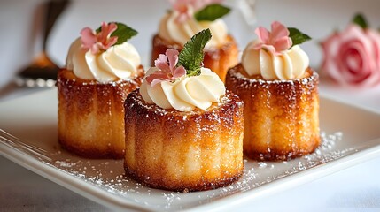 Beautifully crafted dessert cakes featuring rich creamy toppings and delicate floral garnishes creating an elegant and tempting presentation