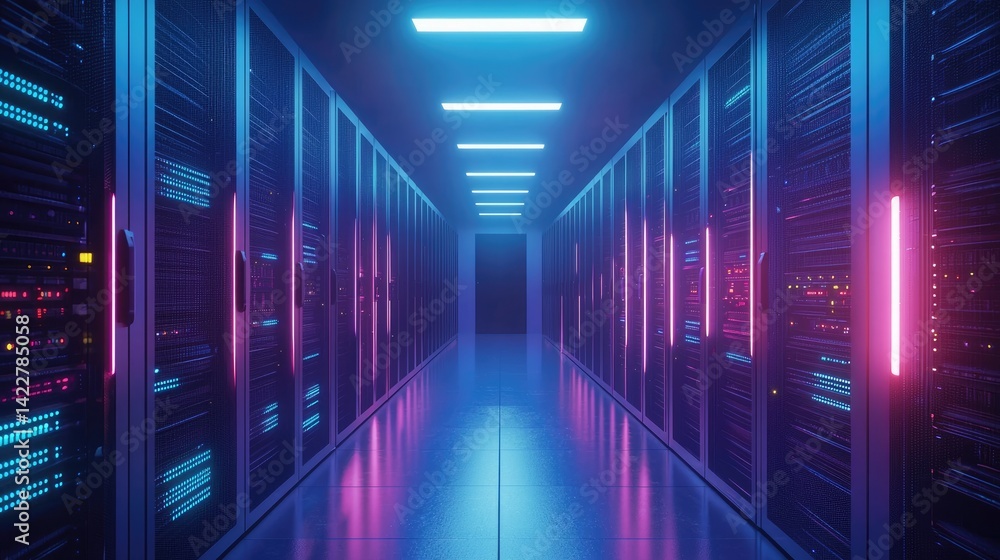 Poster modern data center with vibrant purple and blue lighting reflecting off sleek server racks and floor