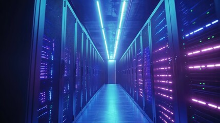 Obraz premium Futuristic data center with glowing purple and blue server racks and overhead neon lighting. Ideal for cloud computing, cybersecurity, and AI technology branding