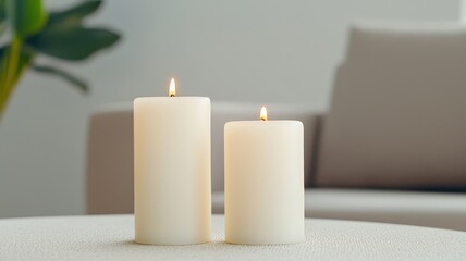 Cozy minimalist living room with candlelight in neutral tones, perfect for a serene atmosphere.