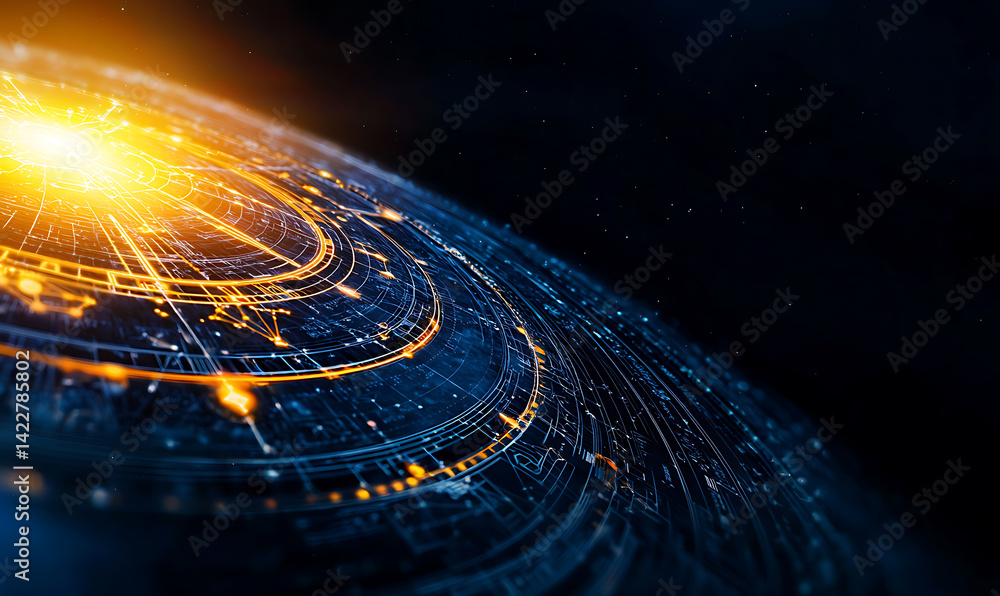 Poster dynamic energy flow in digital universe sci-fi visualization abstract concept dark environment futur