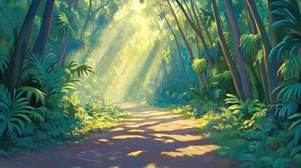 Sunlit path through a vibrant tropical forest.