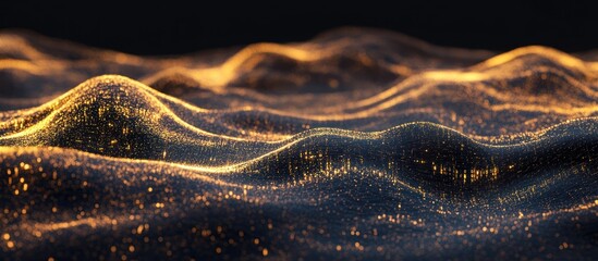 Golden luminous flows and undulating surfaces against a dark backdrop illustration
