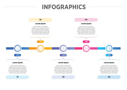 Timeline infographic template or element with 5 step, process, option, colorful 3D pin, circle, arrow, year 2021, 2022, 2023, 2024, 2025, paper origami, bar for sale slide, planner flowchart workflow
