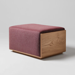 Modern Upholstered Ottoman Burgundy Fabric Oak Wood Base