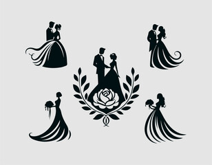 Elegant Bride and Groom Romantic Poses Vector Logo Design