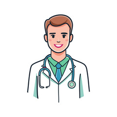 Fototapeta premium Simple line illustration of a doctor character with a stethoscope, friendly expression, and minimal medical attire