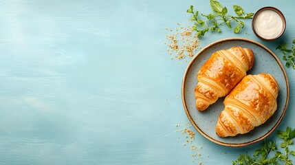 A delightful arrangement of flaky golden croissants served on a rustic wooden plate accompanied by fresh herbs and leaves creating a simple yet appetizing breakfast or snack