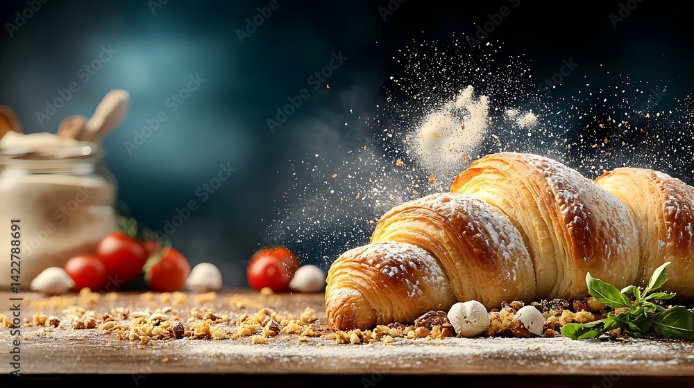 Poster a golden flaky croissant rests on a rustic wooden table surrounded by fresh tomatoes aromatic herbs 