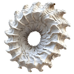 Fototapeta premium Bizarre marine fossil resembling a spiral tentacle shell, with ridged bone textures and natural erosion patterns, isolated perfectly on white background, high-definition scientific realism.
