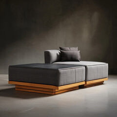 Modern Gray Modular Sofa with Oak Base  Cushions