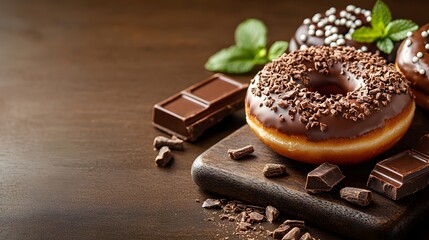 A decadent chocolate glazed donut adorned with vibrant sprinkles rests invitingly on a rustic wooden surface surrounded by shards of dark chocolate   a tempting and visually appealing treat