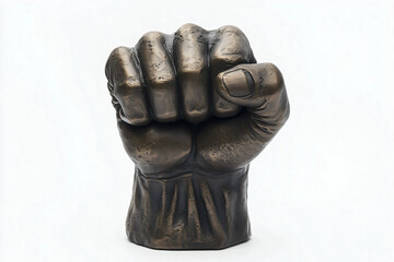 A close-up of a bronze sculpture of a raised fist symbolizing power, strength, and resistance, perfect for May Day celebrations.