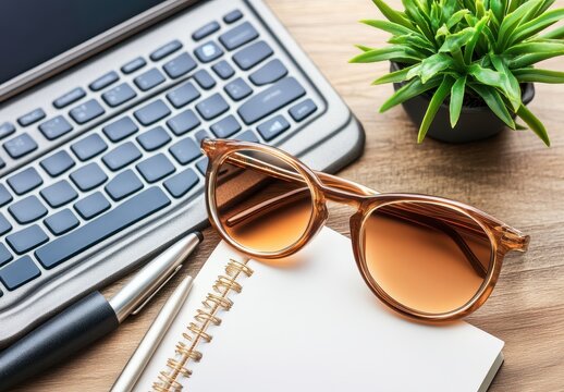 Laptop, notebook, sunglasses, pen, and plant on wooden desk