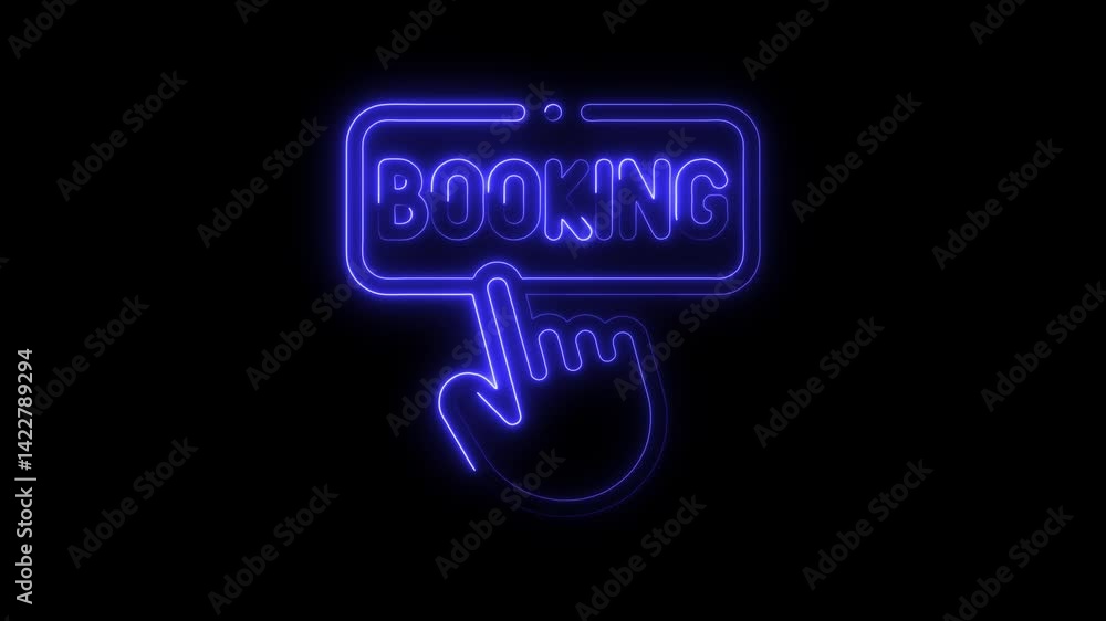 Poster glowing neon booking button with hand cursor on dark background