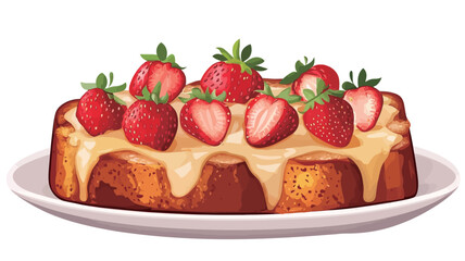 digital rendering of a rectangular strawberry shortcake garnished with fresh strawberries. The cake is served on an off-white plate.