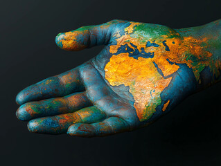 A human hand painted with a world map, symbolizing global unity, world cooperation, and interconnectedness on a dark background.