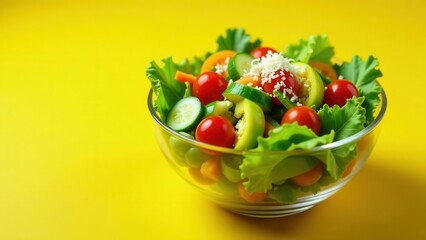 Refreshing Vegetable Salad in a Glass Bowl on Yellow Background