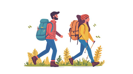 Naklejka premium vibrant vector illustration of a young couple hiking in a natural landscape. The style uses a flat design with bold, saturated colors. The characters are simple, yet expressive.