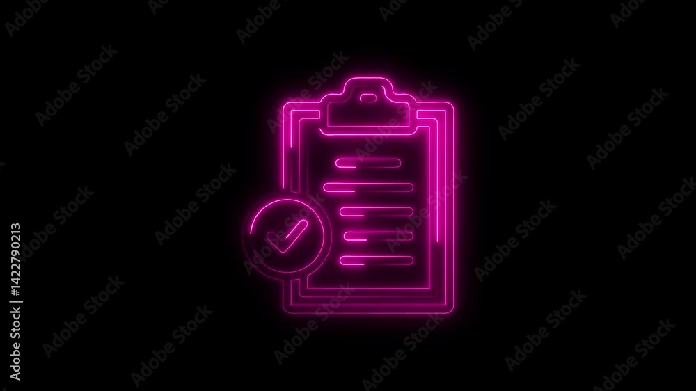 Poster neon style clipboard with check mark animation glowing pink lines on black background task completed