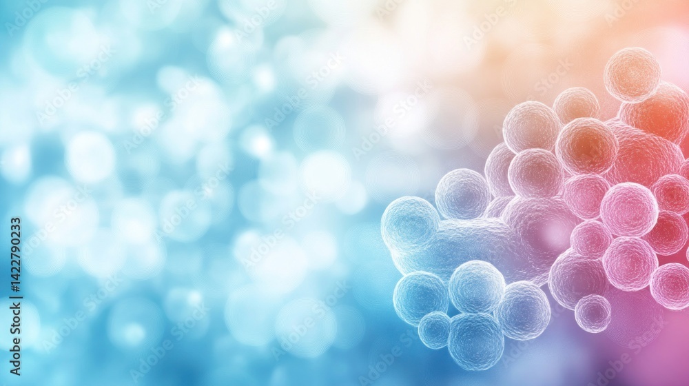 Poster colorful microscopic cellular structures against a bokeh background.