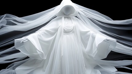 Ethereal White Figure in Flowing Veil and Robe Against Dark Background