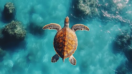 Obraz premium Sea turtle swims in turquoise ocean water near coral reefs