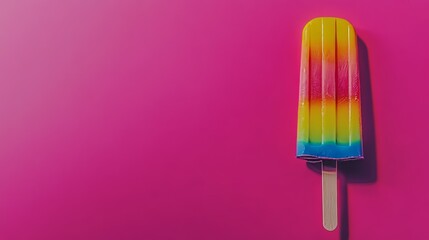 Bright colorful popsicle on pink background with copy space on the right, symbolizing summer treats, sweetness, refreshment, and cheerful seasonal vibes in minimalist design.