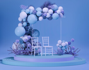 Frame arch for wedding birthday baby shower party celebration  holiday. Pastel pink purple banner background. 3d render