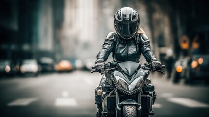 Fototapeta premium A biker in a sleek black outfit rides a powerful motorcycle on a city street, exuding a sense of speed and adventure with urban buildings in the background.