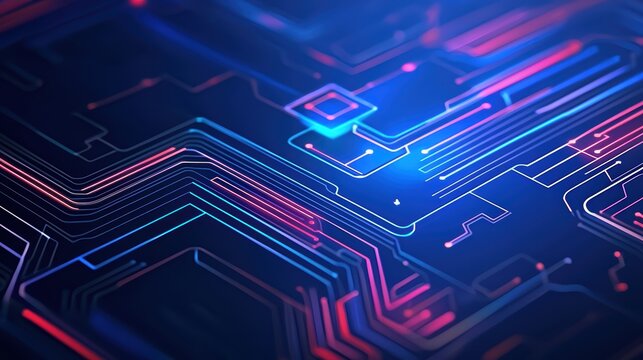 Abstract circuit board with vibrant neon colors.