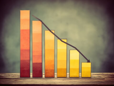 A descending bar graph with warm color gradients represents a decline, set against a textured background, symbolizing a decrease in data or performance.