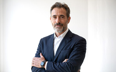 Professional headshot of a mature businessman in suit for corporate website and business profile photo shoot