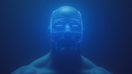 Obraz premium Muscular Man with Glowing Blue Digital Face in Dark Studio