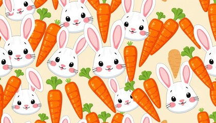 Adorable cartoon rabbit faces and carrots in a cheerful seamless pattern, art, background