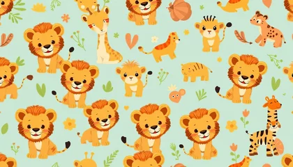 Adorable lion cubs and safari animals in a playful seamless pattern for kids, print, illustration