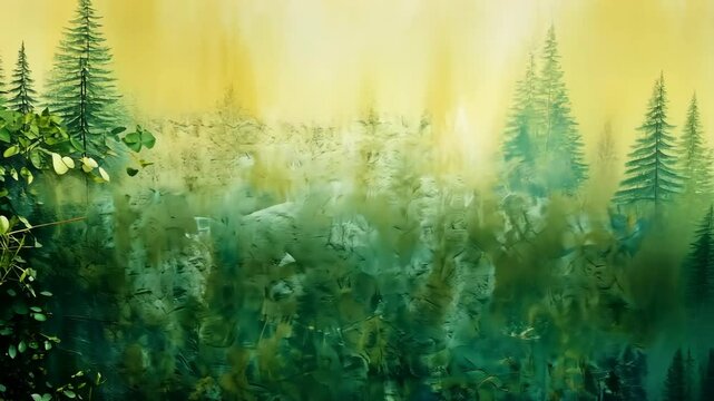 Forest scene rendered in painterly abstract style with light and green tones