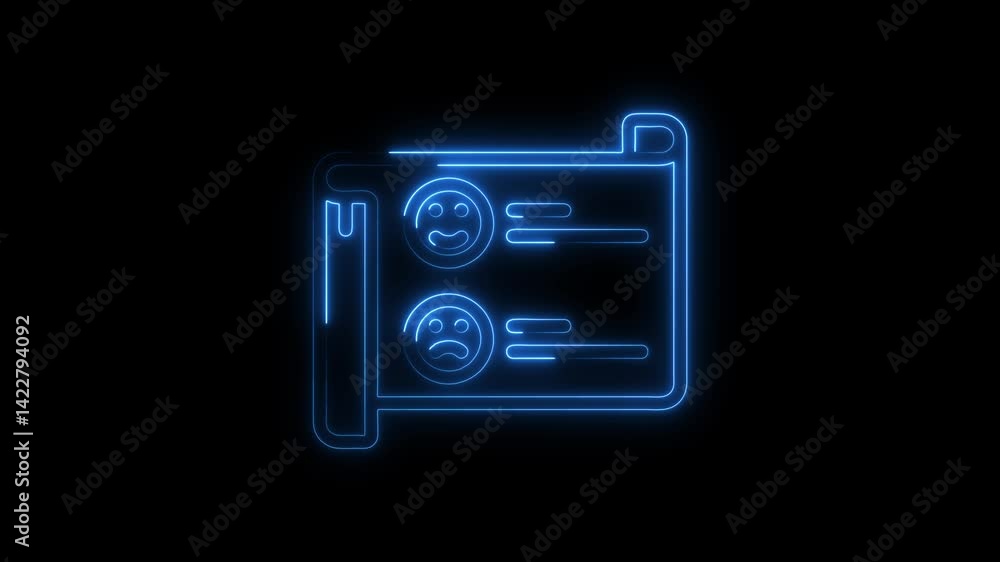 Poster neon feedback form with happy and sad face choices glowing on black background customer satisfaction