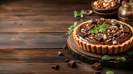 Indulgent homemade chocolate tart with a rich creamy filling and a crunchy topping of toasted nuts garnished with fresh mint leaves on a rustic wooden display surface