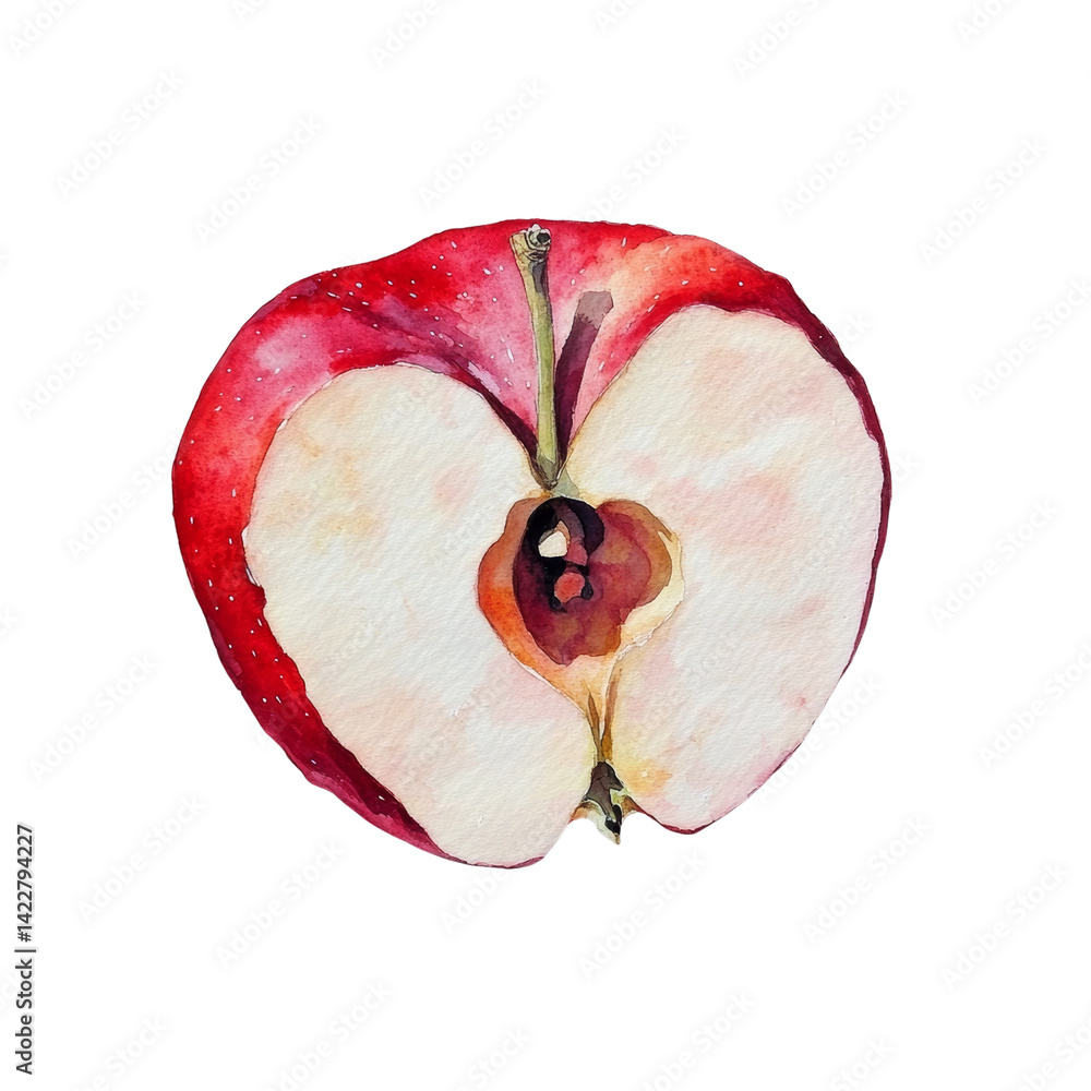 Poster Artistic rendering of sliced apple with seeds on a black background