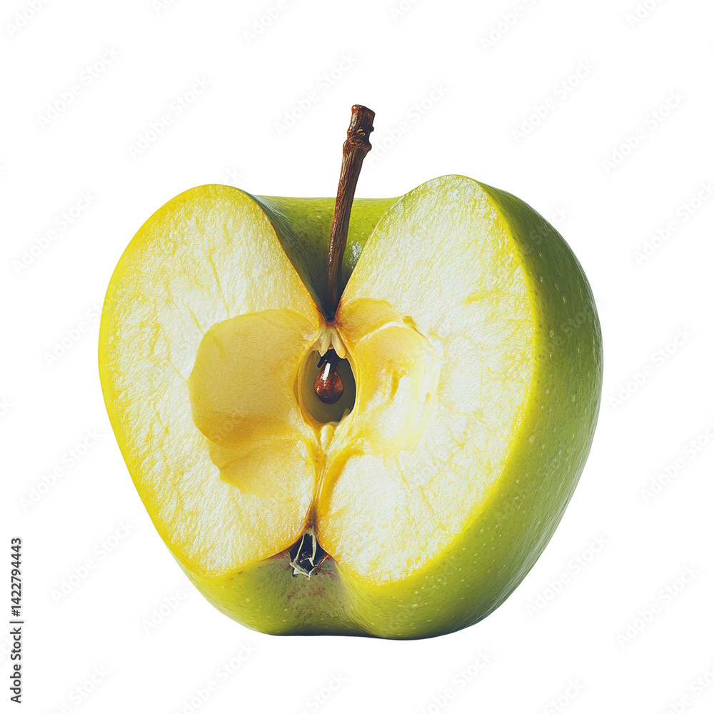 Poster illuminated green apple section revealing core details against a stark background