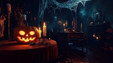 Eerie Halloween Night, Illuminated Pumpkin Display with Cobwebs and Candles creates a spooky and festive Atmosphere