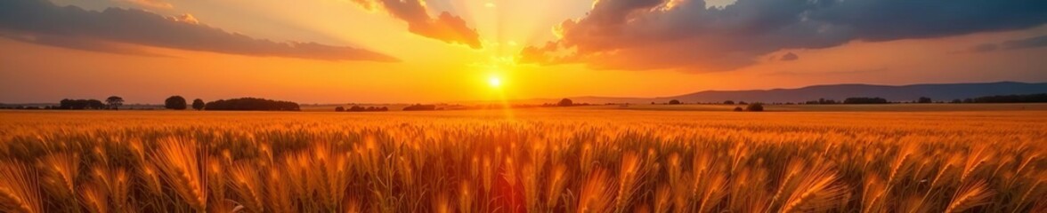 Obraz premium Scenic view of sun setting behind wheat field creating picturesque landscape, picturesque, setting, golden