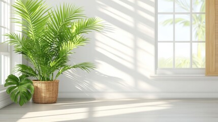Fototapeta premium Bright Sunlight Illuminates a Lush Green Plant in a Minimalist White Room