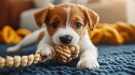 Adorable Puppy Laying on Rug Chewing a Rope Toy in Cozy Home Setting
