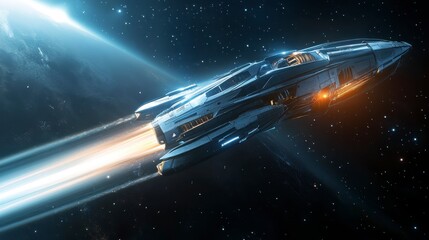 Futuristic Spacecraft Navigating Through Deep Space with Thrusters