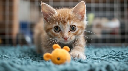 Playful Orange Kitten Staring Curiously at a Small Toy Mouse