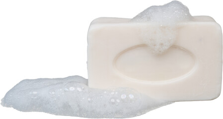 Soap bar with bubble foam isolated transparent